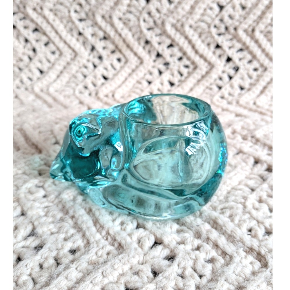 Vintage Indiana Glass Green-Blue Sleeping Cat Votive Candle Holder Figurine